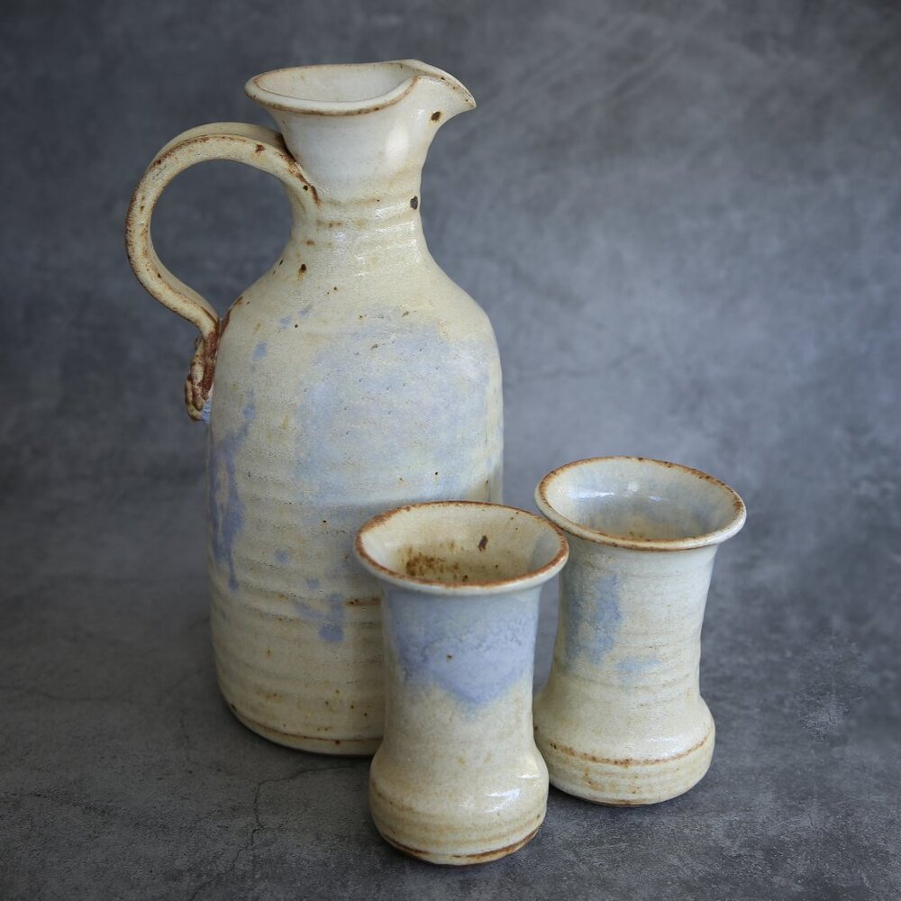 Blue and Cream Pottery Pitcher and Two Cups Handmade Artisan Signed